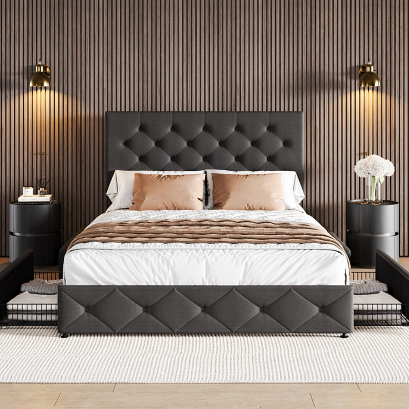 Lit plateforme tapissier avec 4 tiroirs et capitonnage élégant Zelna, Double, Gris foncé