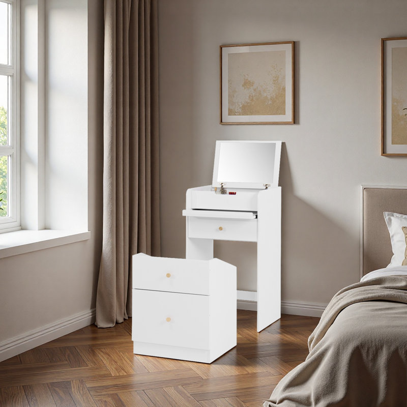 Petit meuble-lavabo avec miroir - ensemble de coiffeuse avec coiffeuse, chaise, tiroirs, petite coiffeuse mignonne pour le salon de la chambre des filles