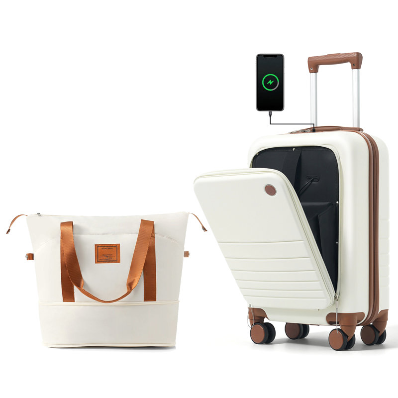 Ensemble de bagage à main à ouverture frontale de 20 pouces avec sac de voyage extensible, ensemble de valises en ABS rigide avec port USB, porte-gobelet