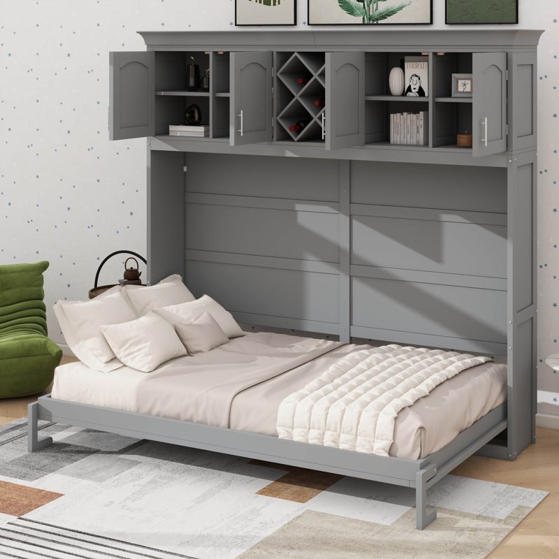 Grand lit escamotable avec armoires supérieures spacieuses, Gris