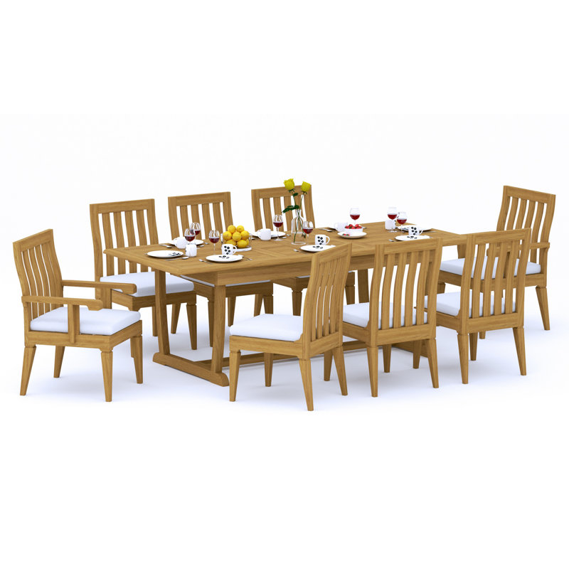 9 Pcs Grade-A Teak Wood Dining Set: 94" Double Extension Mas Rectangle Trestle Leg  Table And 8 Caranas Chairs (2 Arm & 6 Armless Chairs) #11Ca2102