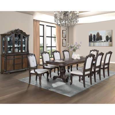 Traditional Style 5pc Solid Wood Dining Featuring Intricately Double Pedestal Base, Rectangular Table And Beige Upholstered Seating With Grand Table, 2x 18" Extendable Leaf, Rich Dark Coffee Brown