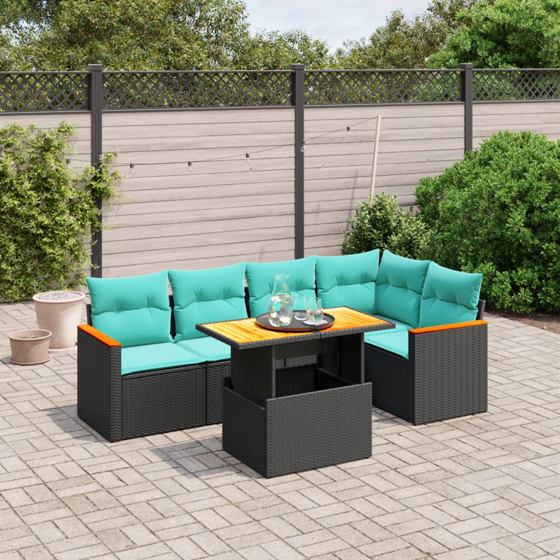  Ensemble de canapé de patio 6 pièces avec coussins en rotin de polyester, Noir, Vert