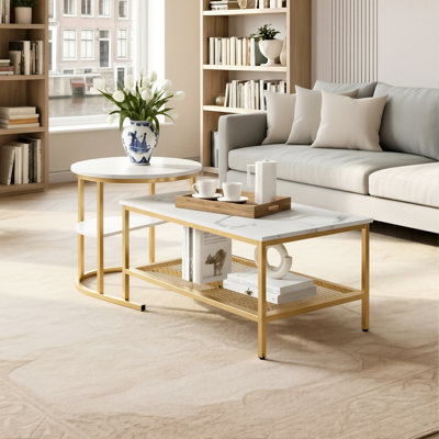 80Cm Modular Coffee Table Set (Set Of 2), Interlocking Round Side Table & Rectangular Table With Shelf, Gold & Black