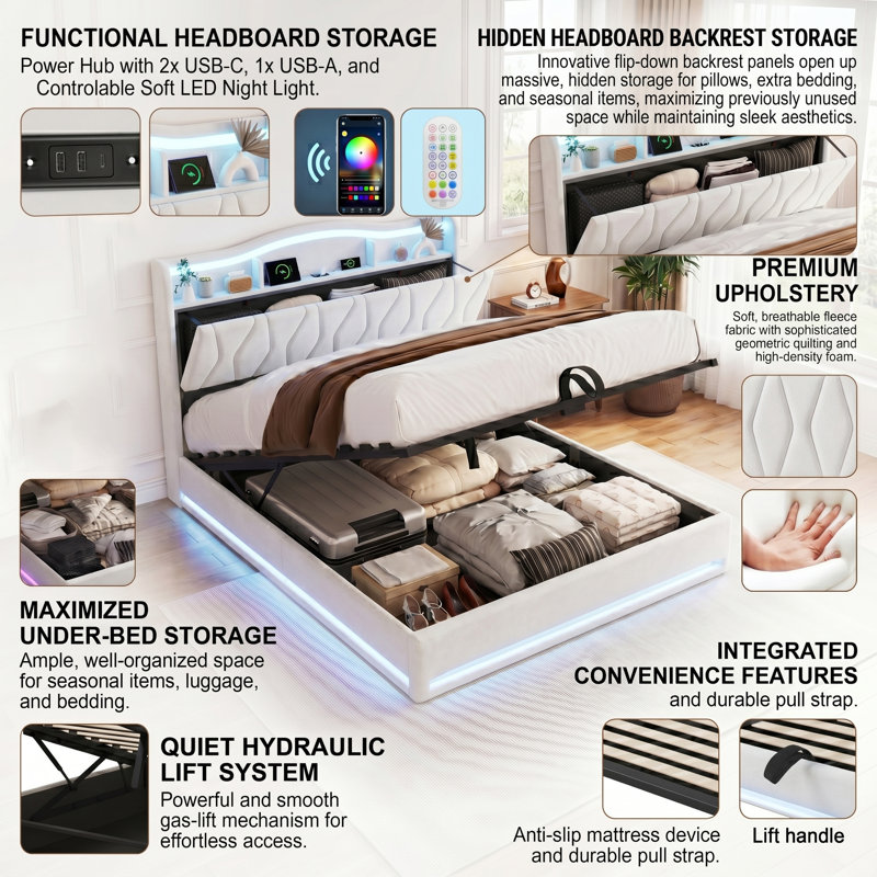 EU Double & Kingsize Smart Velvet Ottoman Storage Bed with Charging Ports, Upholstered Tufted Bed Frame with App-Controlled RGB LED Headboard & Lift Up Storage, Beige/Grey