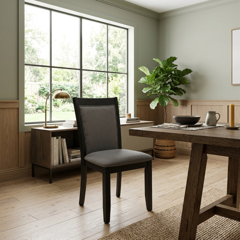 Ensemble de salle à manger rond 3 pièces avec table sur pied et chaises rembourrées, en bois d'hévéa brossé noir et gris foncé Gotham, et tissu lin.