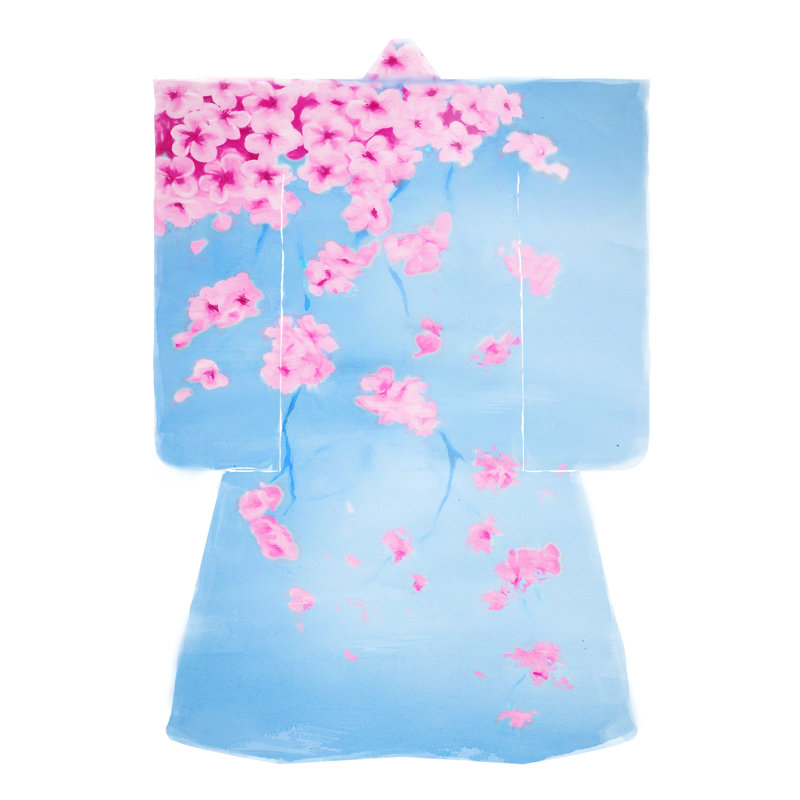 Cherry Blossom Kimono - Painting Print, 30 cm H x 20 cm W, Black Floater Framed