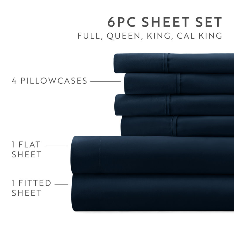 Sheet Set Solid Microfiber Ultra Soft Bedding, Navy, Full Sheet Set with 4 Pillowcases