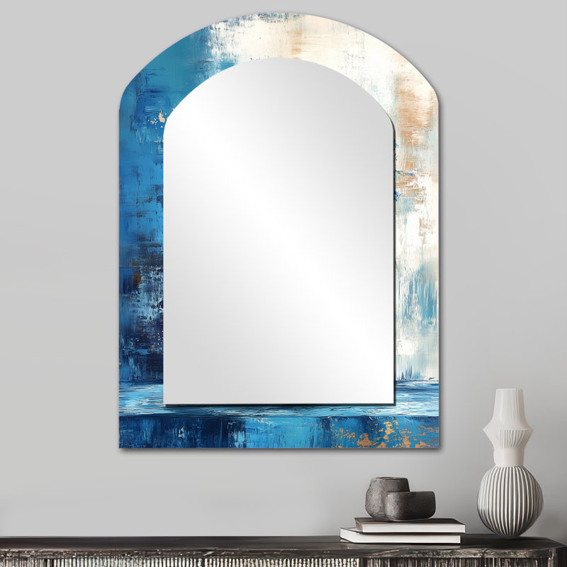 Miroir mural bleu et blanc Boho Pottery II - Blue Bohemian Arch, 34 po x 25 po