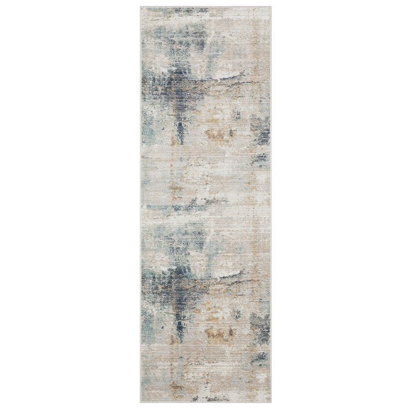 Tapis ivoire / bleu Goulart, Tapis de couloir 2 pi 8 po x 7 pi 10 po