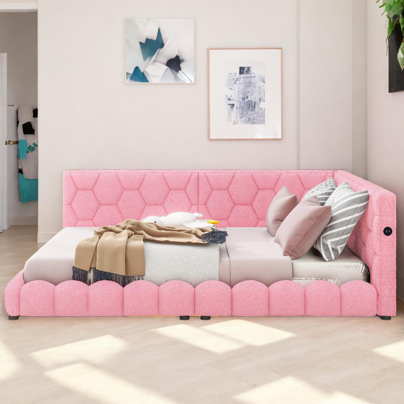 Lit plateforme tapissier en mousse avec ports USB et ceinture DEL, Rose