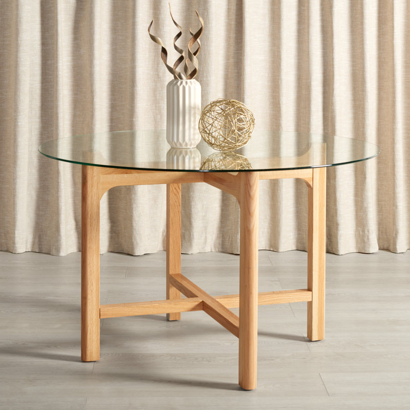 Angelou Round Glass Top Solid Wood Base Dining Table, Clear Top/Oak Base