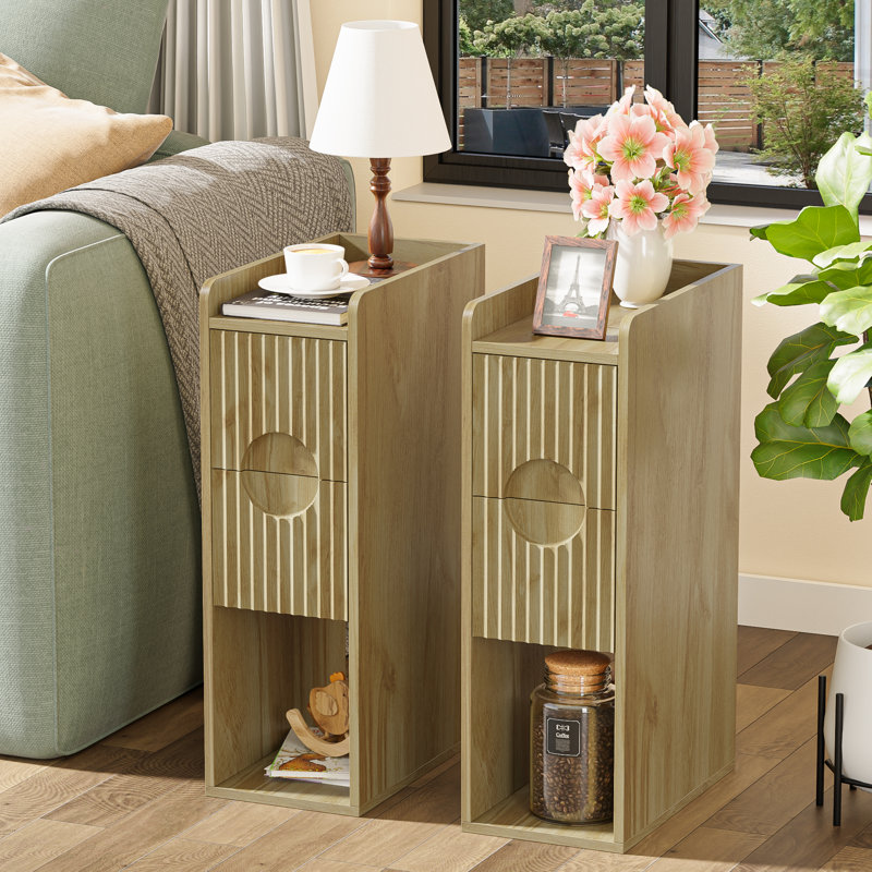 Space-Saving Narrow Nightstand with 2 Drawers and Open Storage, Oak