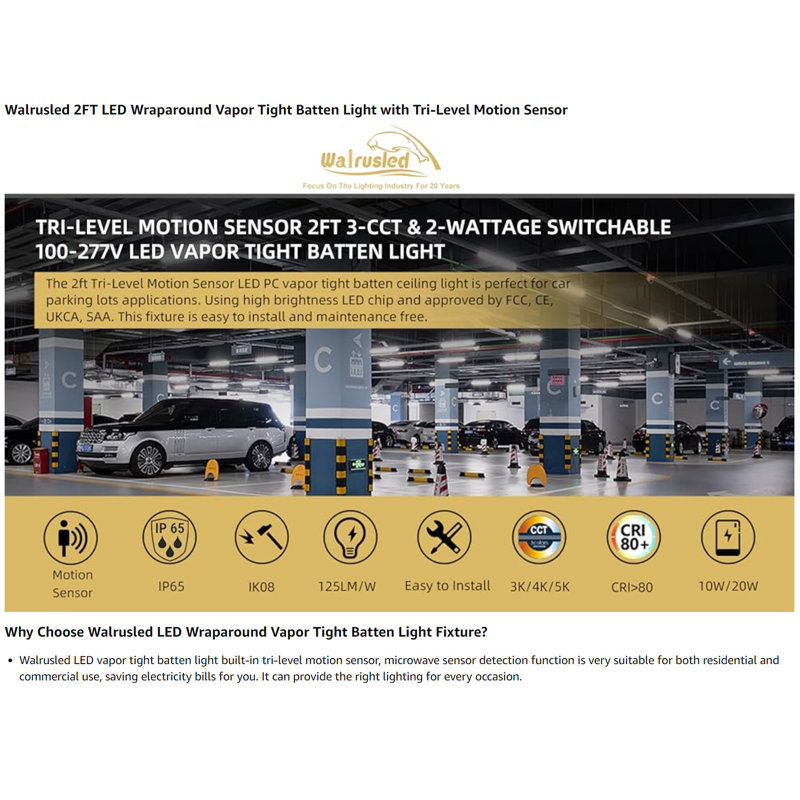 2FT Tri-Level Motion Sensor LED Vapor Tight Light, IP65 IK08, 10W(1250lm)/20W(2500lm), 3/4/5000K CCT Selectable, 100-277V, Dimmable, Outdoor Waterproof Shop Light, Vapor Proof Lighting Fixture, FCC