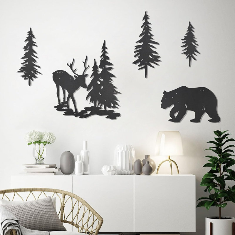 Décoration murale cerf et ours pin - noir - Art de la nature en bois rustique