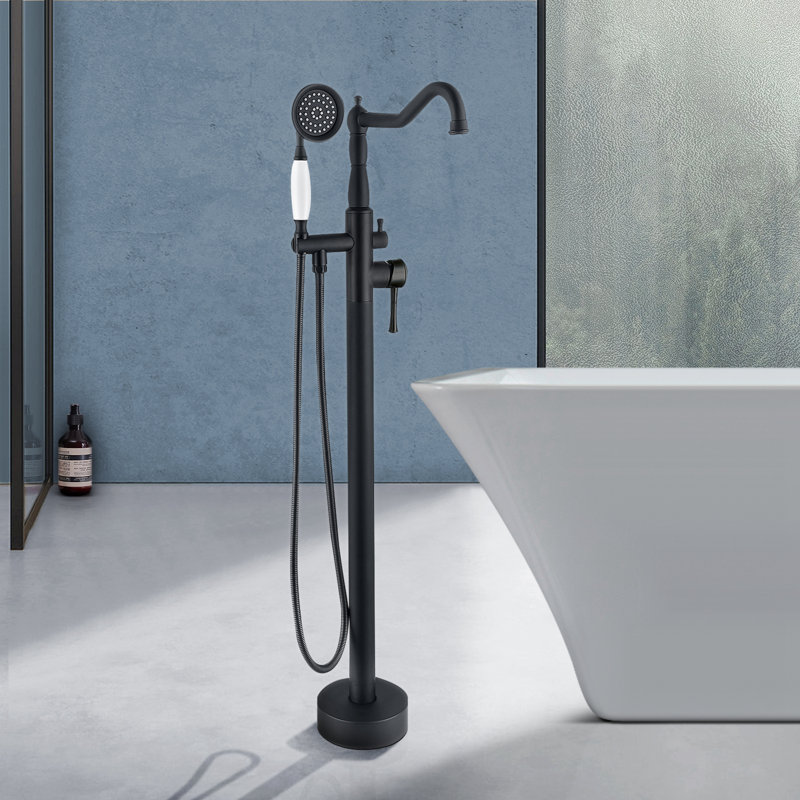 Topcraft Single Handle Floor Mounted Freestanding Tub Faucet with Handheld Shower, Matte Black, Matte Black