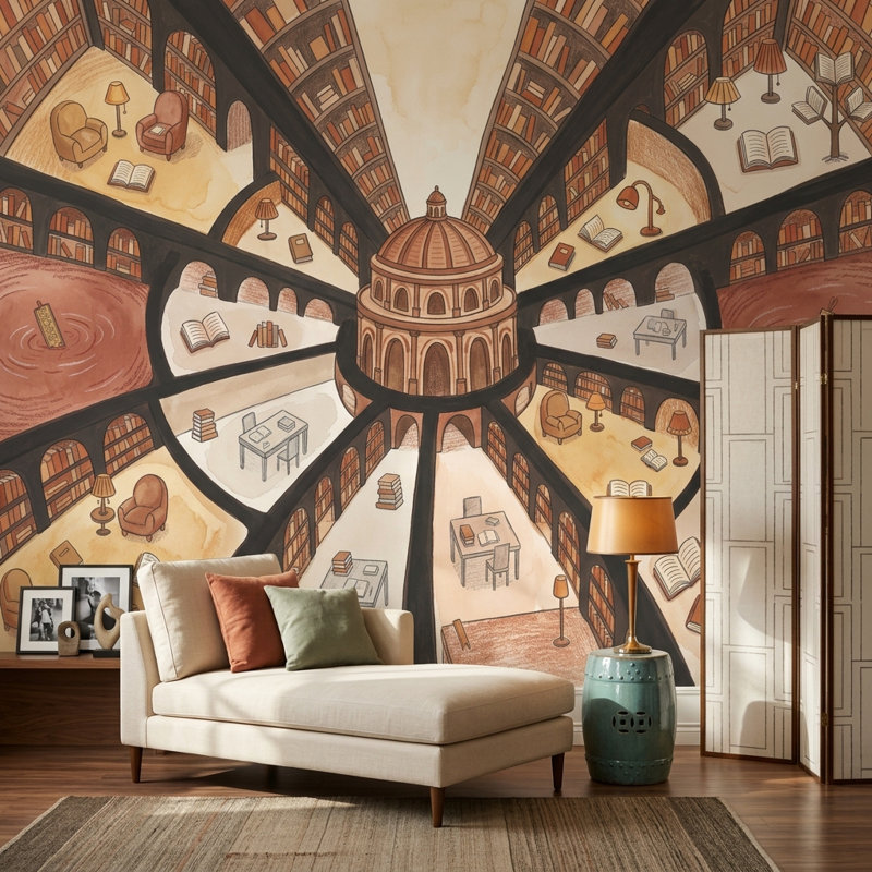 Bibliothèque murale Bibliothèque Bibliothèque Rotonde Dôme amovible, 120 po x 96 po, Peler et coller