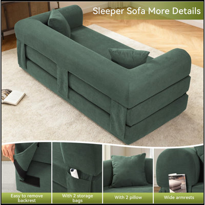 Convertible Sofa Bed Couch, 80 Inch Corduroy Folding Sleeper with Storage, Perfect for Living Room and Guest Use