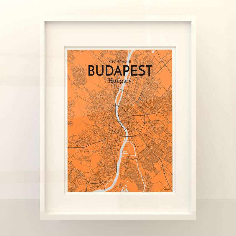Carte de la ville de Budapest, impression, Oranje, H 20 po x l 16 po x P 0,05 po