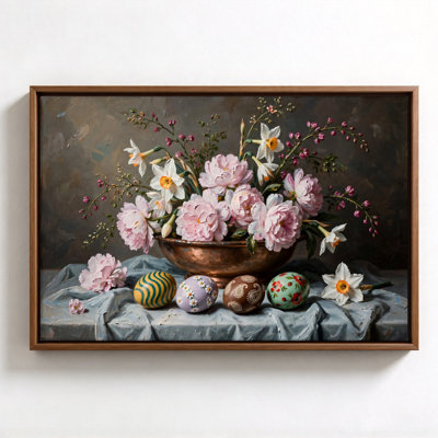 Pivoines avec œufs de Pâques, art mural encadré noir, 16 po x 24 po, décoration murale moderne pour le salon et la chambre à coucher
