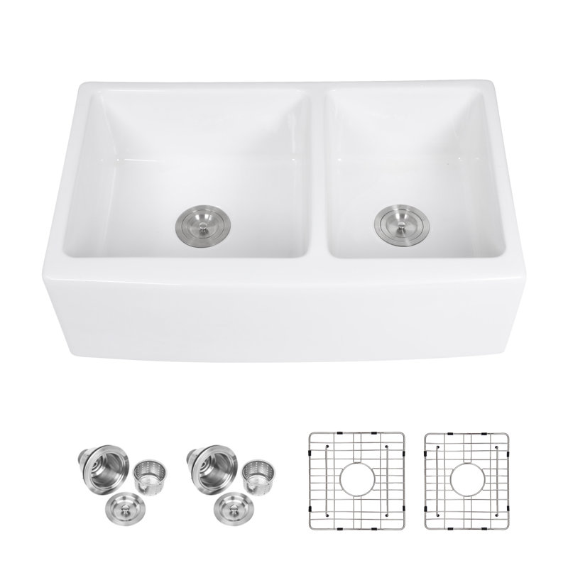 Évier de ferme en céramique durable pour cuisine moderne - double cuve blanche 33 po