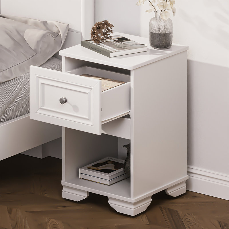 Table de chevet avec tiroir et tablette ouverte, Blanc
