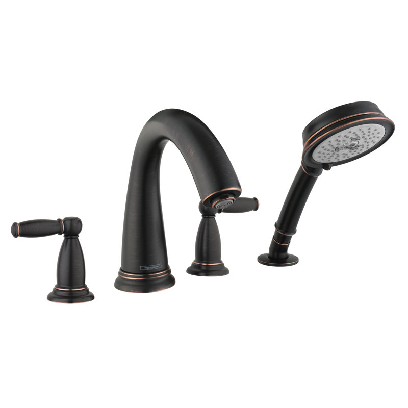 Swing C Double Handle Deck Mounted Roman Tub Faucet Trim with Diverter and Handheld Shower, Rubbed Bronze