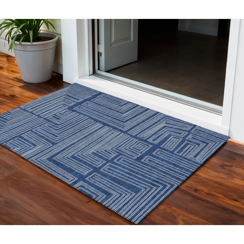 3' X 5' Navy Blue Geometric Washable Indoor Outdoor Area Rug