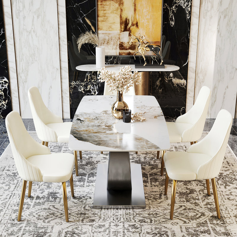Aretzi  6 - Person Sintered Stone Tabletop Dining Table Set With Upholstered Pu Leather Chairs, Marble White