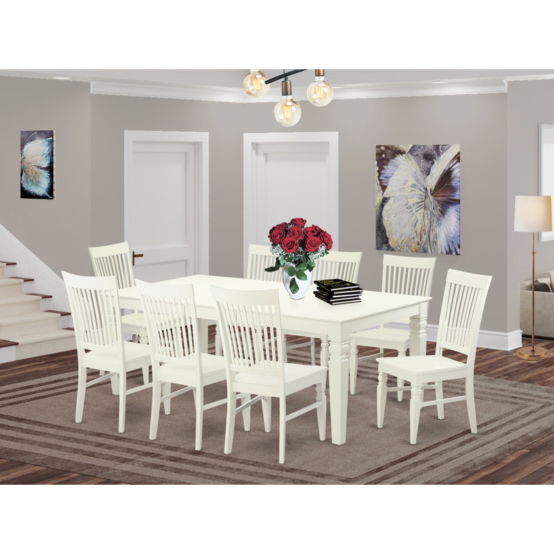 Ensemble de table et chaises de cuisine 9 pièces comprenant une table de salle à manger rectangulaire avec rallonge papillon et 8 chaises, lin blanc
