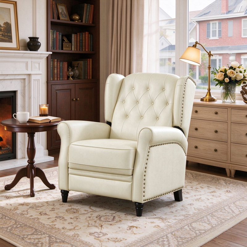 31.1" Wide Classic Top Grain Leather Push Back Recliner With Wingback Design, Beige crème