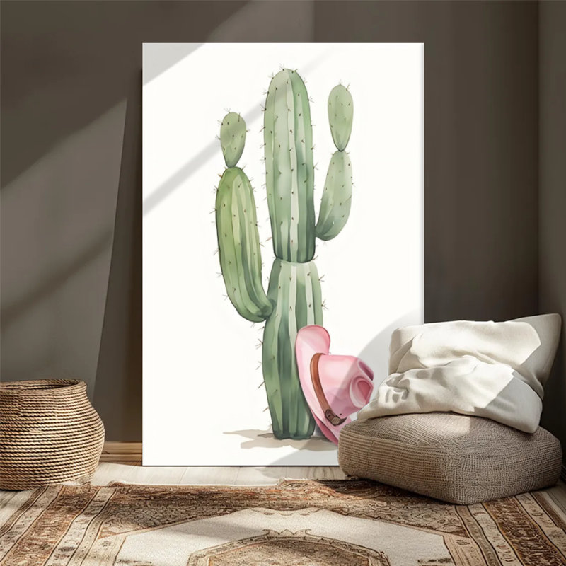 Grand cactus avec un chapeau de cowboy rose, style peinture à l'aquarelle. Art mural encadré en toile - Cadre en bois massif de 24 po x 36 po et 1 po d'épaisseur pour le salon ou la chambre à coucher