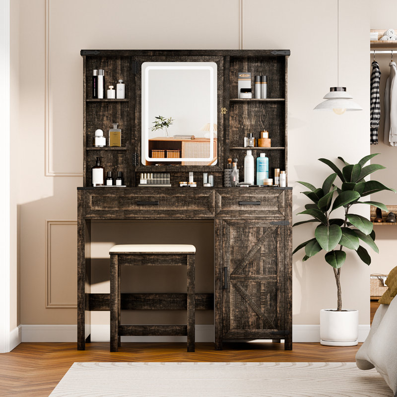 Table de coiffeuse moderne avec miroir pour chambre à coucher, Brun