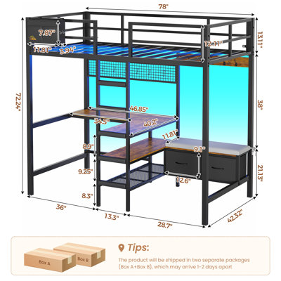 Loft Bed Twin Size With L-shaped Desk, Led Lights And Charging Station Twin Metal Tall Bed Frame With Storage Shelves,hall Tree Shoe And Bench With 2 Storage Drawers,safety Guard & Stair,