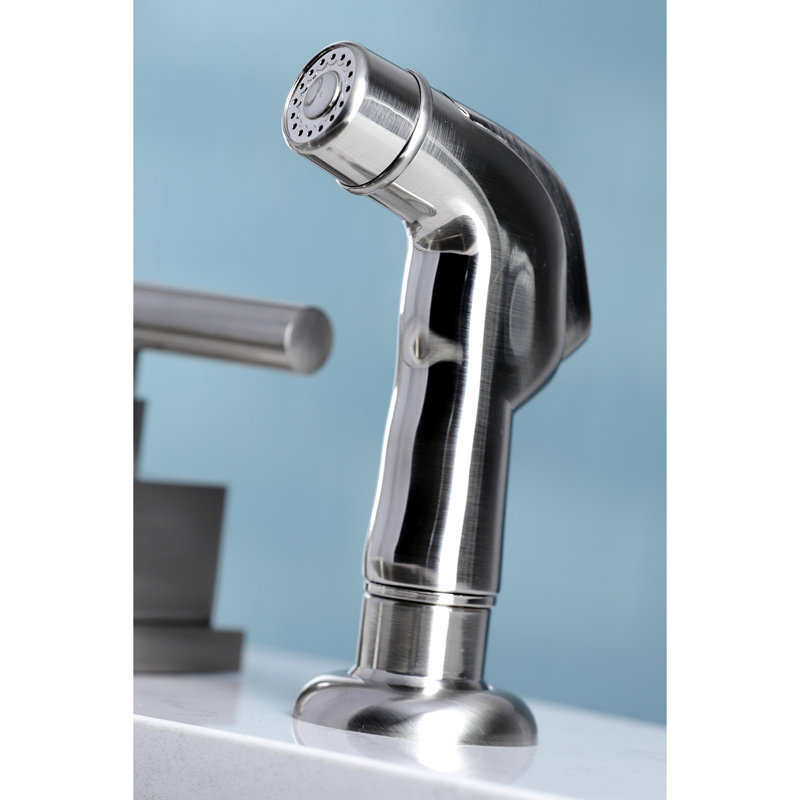 Claremont Double Handle Widespread Kitchen Faucet with Plastic Sprayer, Brushed Nickel