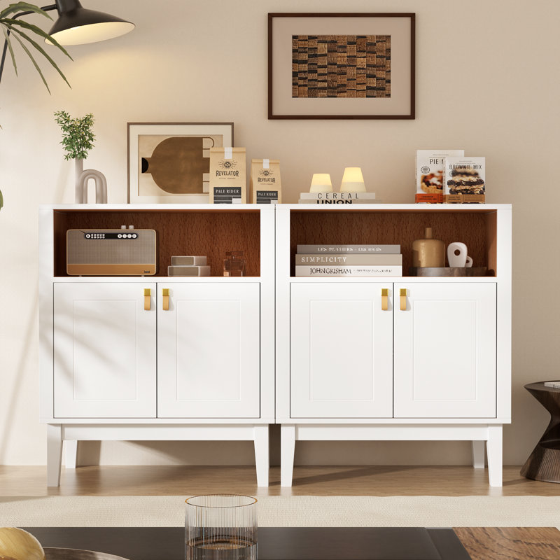 Cortize White 2-Door Accent Chest with Open Wood-Grain Shelf, Brass-Colored Hardware & Genuine Leather Loop Pulls, White
