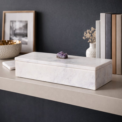 Boîte décorative en marbre avec poignée en agate pour la décoration intérieure - Boîte à bijoux fonctionnelle avec couvercle, rangement pour souvenirs et boîte de rangement pour chambre à coucher - 14 po, blanc