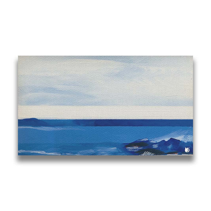 Bord de mer à rayures bleues par Joan Davis. Toile giclée sur toile, H 30 po x l 60 po