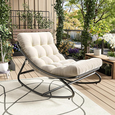 Indoor Outdoor Papasan Rocking Chair, Oversized Papasan Rocking Chair with Thick Cushion, 450 LBs Support, Comfy Rocking Egg Chair for Bedroom, Living