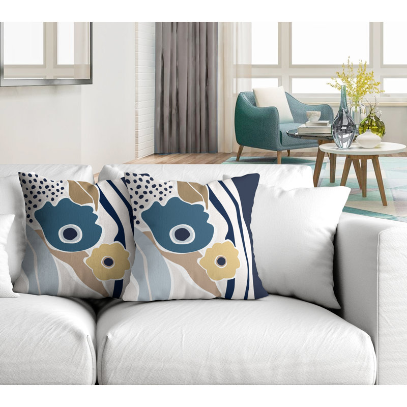 Jeté carré en polyester / mélange de polyester intérieur / extérieur, Bleu / bleu marine / beige, L 17 po x H 17 po