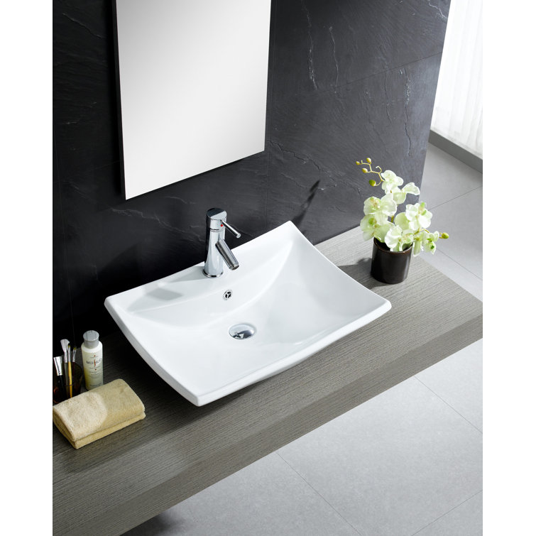 Modern Ceramic Rectangular Vessel Bathroom Sink with Overflow