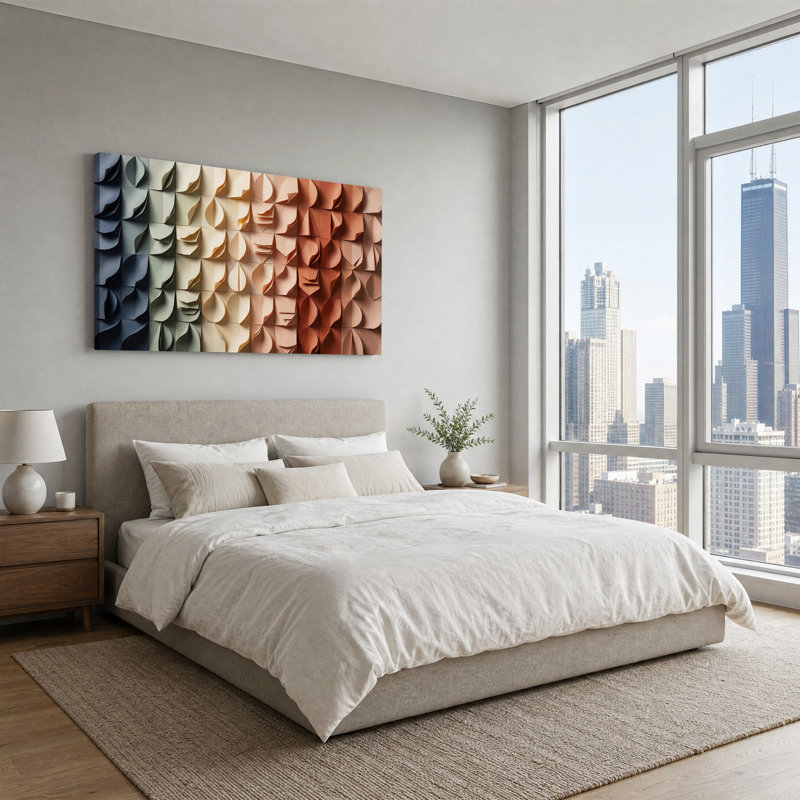 Plis de papier géométriques dégradés de bleu à terracotta, 46“W x 24”H