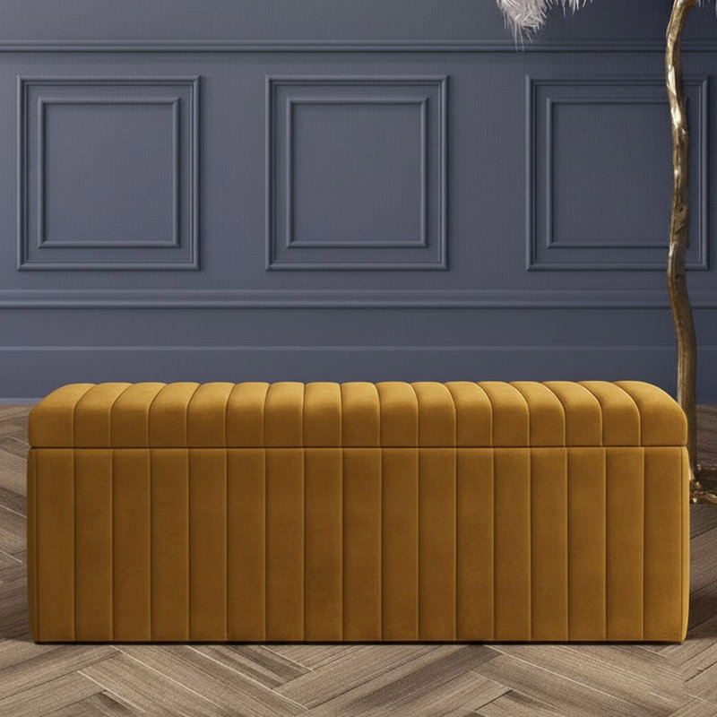 Lux Striped Wide Velvet Rectangle Solid Color Standard Ottoman Box with Storage, 40 cm H x 120 cm W x 42 cm D, Mustard Gold