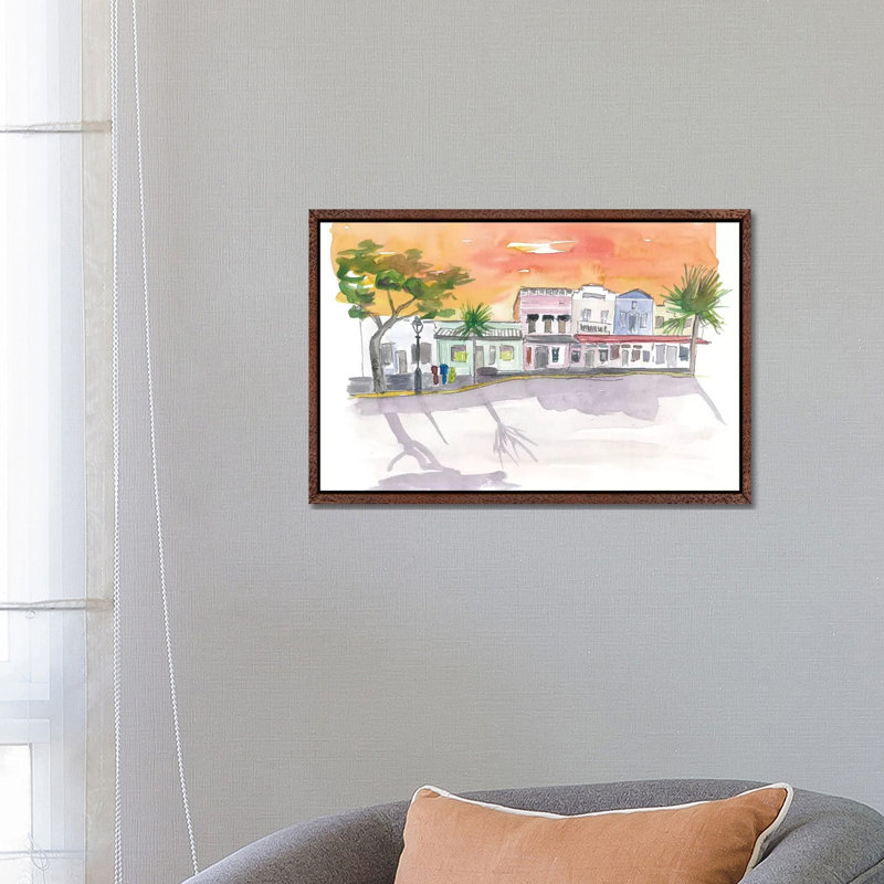 Shops On Duval St Key West Fl by Markus & Martina Bleichner - Painting on Canvas, Classic Brown Wood Floater Framed