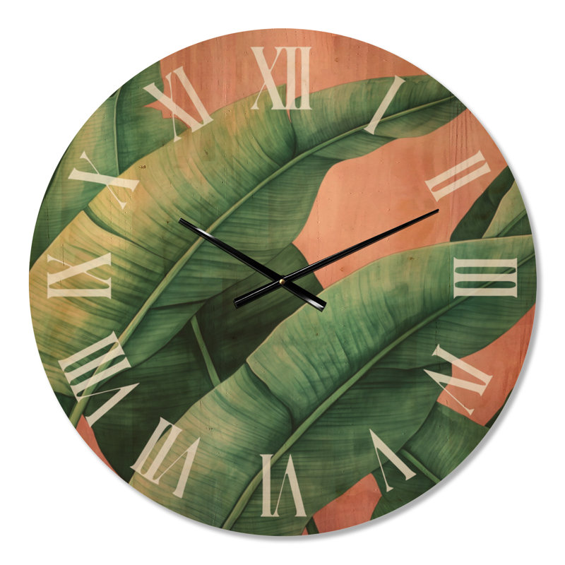 Jardin tropical de feuilles de bananier II - Horloge murale bohème en bois massif, Medium