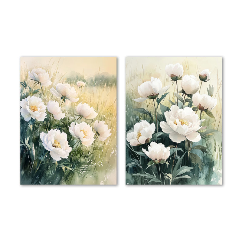 Pivoines et le champ ouvert I - ensemble de 2 décorations murales botaniques en métal, 32" H x 48" W