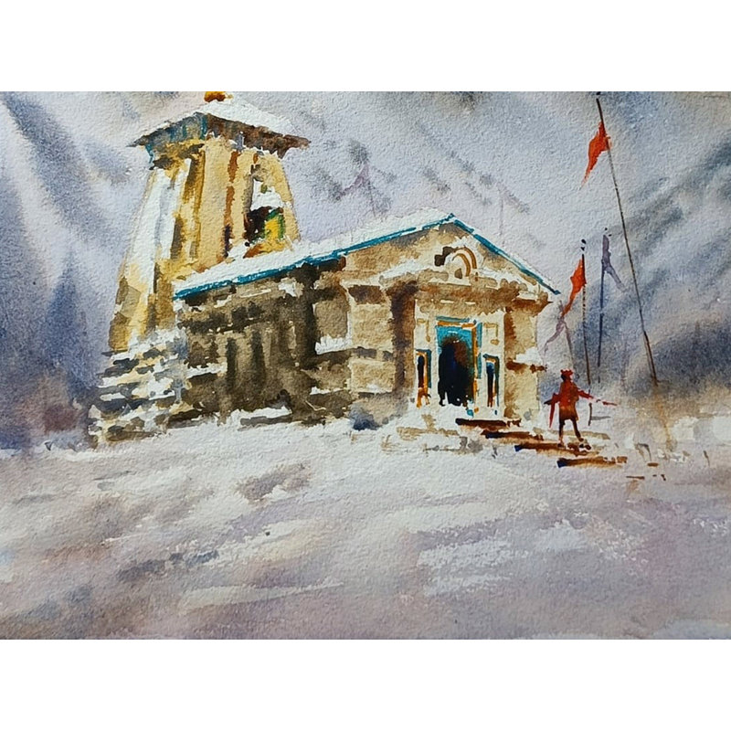 Vue du temple de Kedarnath avec neige | Peinture à l'aquarelle | Kulwinder Singh