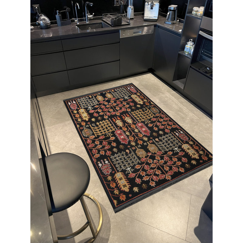 Tapis décoratif noir multicolore à motif floral et à franges, Tapis de couloir 3 pi 3 po x 9 pi 10 po