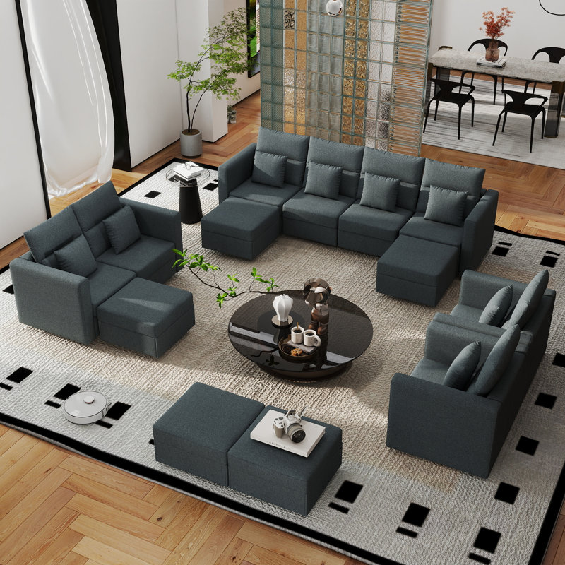 Canapé d'angle modulaire moderne de 264 cm avec pouf, canapé d'angle infonuagique, canapé combiné rembourré pour salon