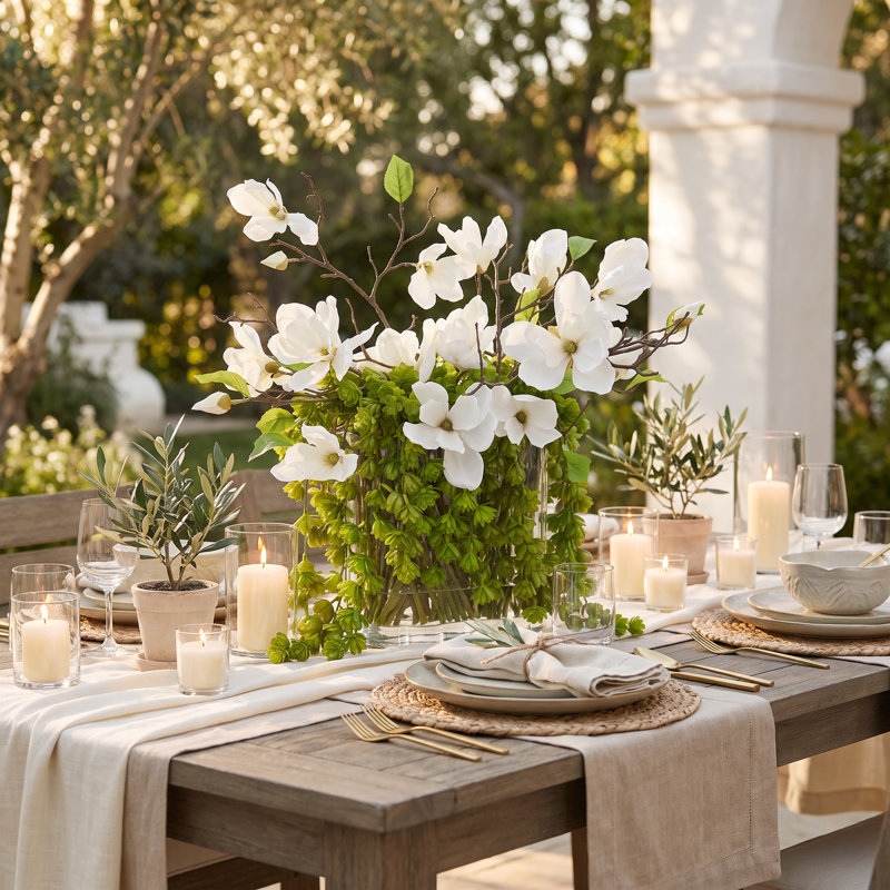 Magnolias and Succulents Arranged in Glass Vase